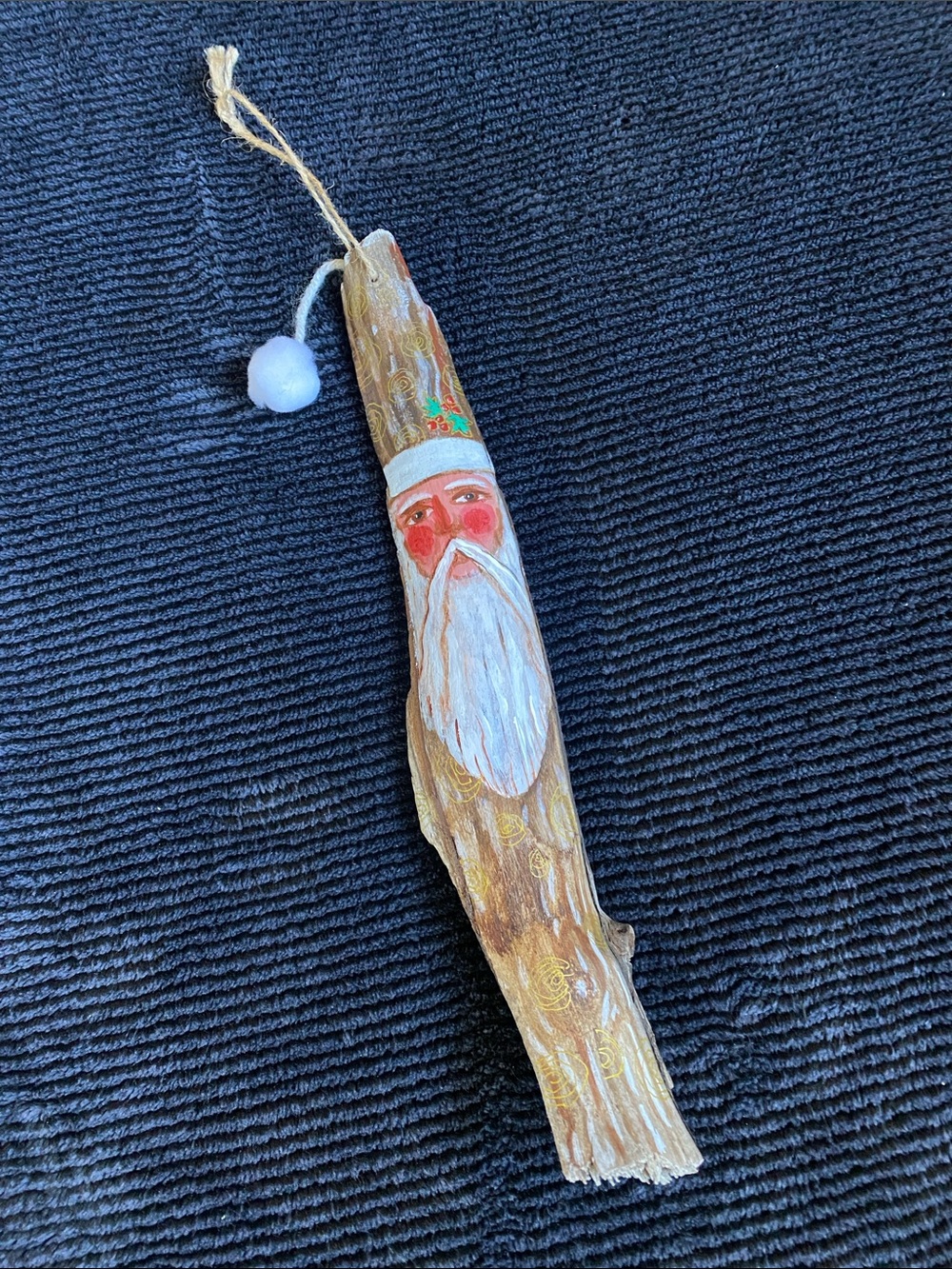 Hand-Painted Santa Driftwood Ornament - White Beard, Natural Wood